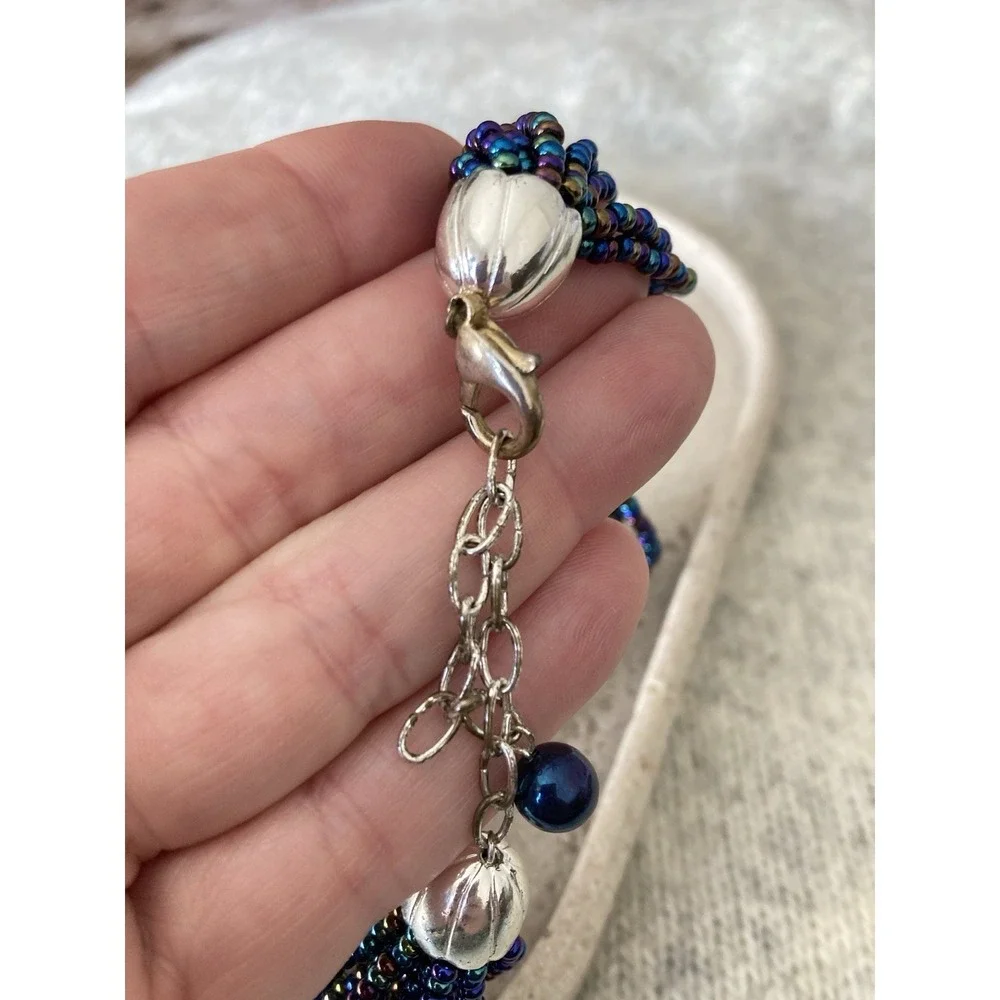 Iridescent Seed Bead Necklace‎ Multi Strand Twisted Peacock Blue Purple Chunky